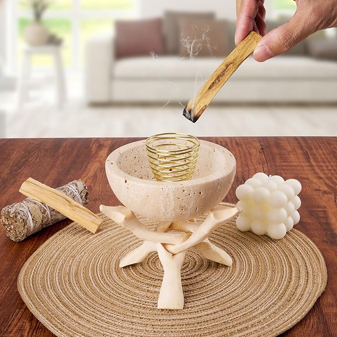 Natural Marble Incense Holder, Palo Santo and Sage Burner, Handmade Incense Burner for Smudging, Incense Burning, and Home Decoration (Cream)