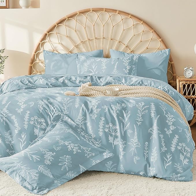 MUXHOMO Duvet Cover King Size, Reversible Floral Mineral Blue Duvet Cover Set with Zipper Closure, 3 Pieces Botanical Patterns Soft Microfiber Bedding Set (90"x104", 2 Pillow Cases 20"×36")