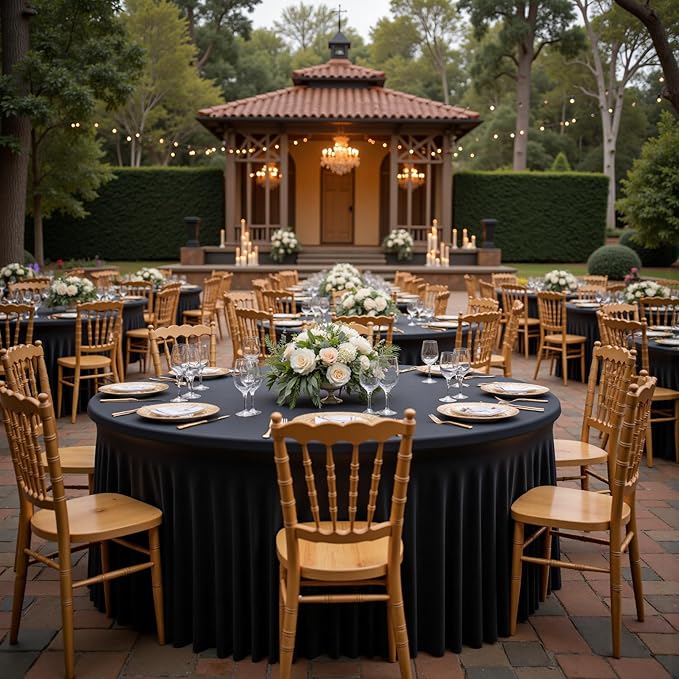 Outpain 6 Pack Black Round Spandex Tablecloth for 60 Inch/5FT Tables - Stretchy Table Cloth with Skirt, Wrinkle-Free Fitted Cloth for Wedding Vendor, Banquet & Graduation Decor (120" Round)