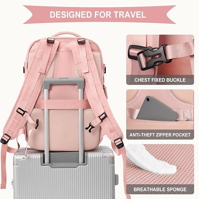 coowoz Large Travel Backpack For Women Men, Carry On Backpack,Hiking Backpack Waterproof Outdoor Sports Rucksack Casual Daypack Expandable Heavy Duty Extra large Backpack Pink Expansion