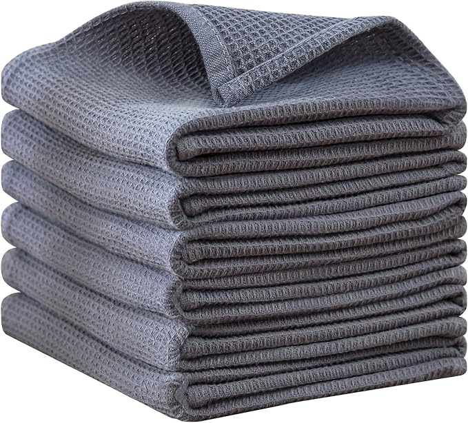 QUILTINA Dish Towels Set,100% Cotton Waffle Weave Kitchen Towels 6 Pack,17 x 25 Inches Dish Towels for Kitchen,Super Absorbent for Drying and Cleaning (Gray)
