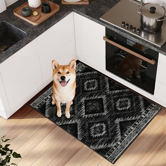 Area Rug 2x3 Rug Machine Washable Non-Slip Low Pile Print Pattern Western Rug for Living Room Bedroom Entryway Tribal Series-Black