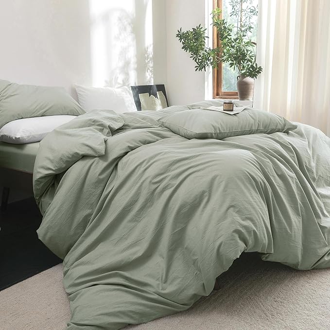 FOSSA Duvet Cover Set 100% Washed Cotton Linen Feel Super Soft Breathable Cozy 3 Pieces Bedding Sets Solid Sage Green Super Queen