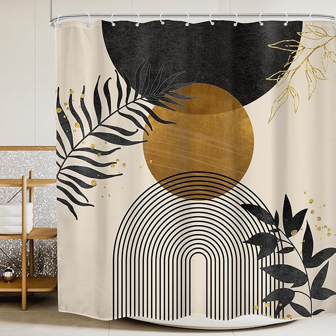 Black Boho Shower Curtain 72Wx72H Mid Century Gold Leaves Modern Bohemian Abstract Bathroom Decor Plant Botanical Minimalist Geometric Bath Curtain Fabric Polyester 12 Pack Hooks