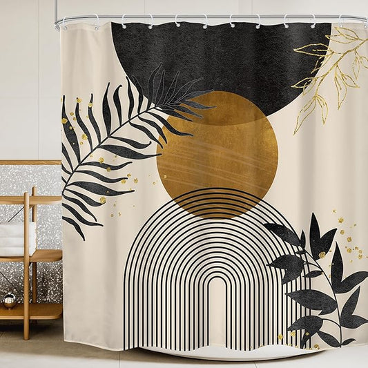Black Boho Shower Curtain 72Wx72H Mid Century Gold Leaves Modern Bohemian Abstract Bathroom Decor Plant Botanical Minimalist Geometric Bath Curtain Fabric Polyester 12 Pack Hooks