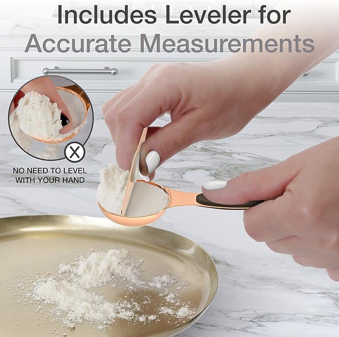 Magnetic Measuring Spoons Set - Stainless Steel, Double Ended, Stackable & Nested Design for Dry and Liquid Ingredients, Ideal for Spice Jars, 8-Piece Set with Leveler (Rose Gold)