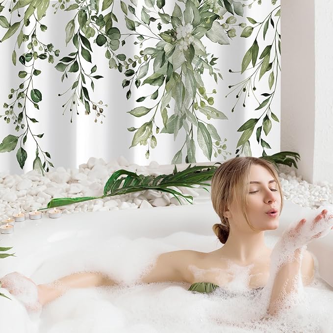 Gibelle Long Shower Curtain 72 x 78, Tall Olive Green Floral Shower Curtain for Bathroom, Watercolor Plant Eucalyptus Leaves Fabric Shower Curtain Set with Hooks