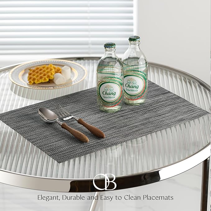 Placemats Set of 8 - Easy Clean Woven Vinyl Placemats for Dining Table, Indoor/Outdoor Place Mats, Washable PVC Table Mats（Dark Gray）