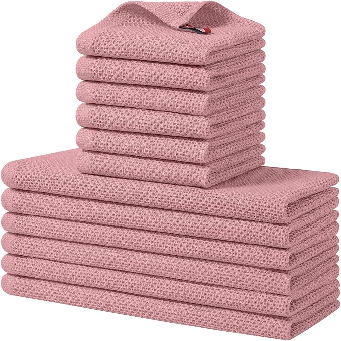 Homaxy 100% Cotton Kitchen Towels and Dishcloths Set, 12 x 12 Inches and 13 x 28 Inches, Set of 12 Bulk Kitchen Towels Set, Ultra Soft Absorbent Dish Cloths for Washing Dishes, Dried Rose