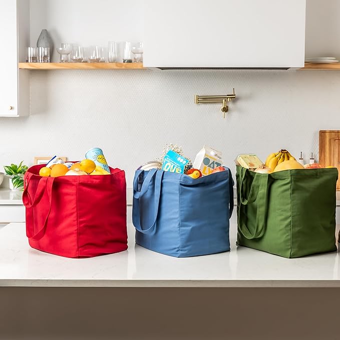 VeraMia Canvas Grocery Bag 3pc XL Set with Real Pockets, Long Shoulder Strap and Short Handle. Heavy Duty, Foldable, Washable