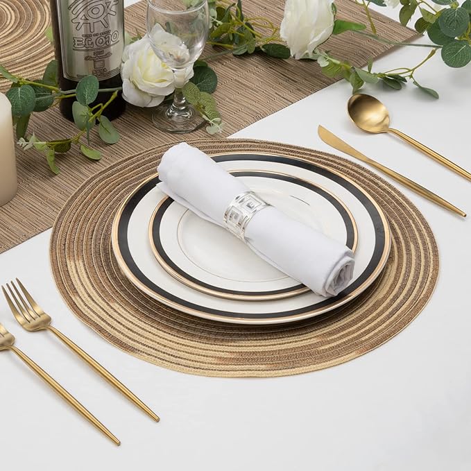 SHACOS Round Placemats Set of 6 Washable 15 inch Variegated Braided Round Place Mats Kitchen Table Mats (Rainbow Brown, 6)