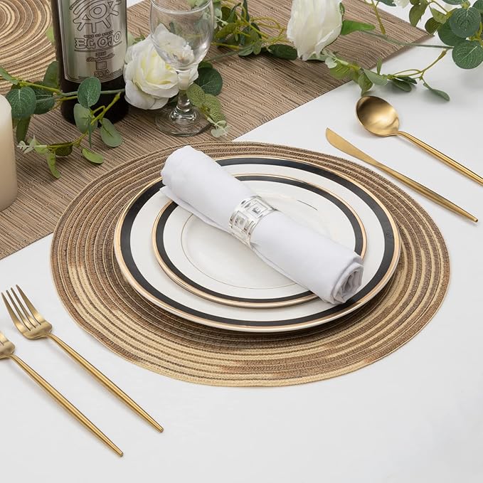 SHACOS Round Braided Placemats 15 inch Set of 4 Variegated Washable Kitchen Table Place Mats Table Mats for Home Wedding Party (Rainbow Brown, 4)