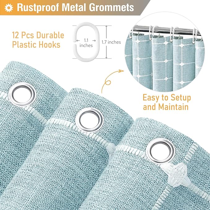 BTTN Boho Farmhouse Shower Curtain - Linen Rustic Heavy Duty Fabric Shower Curtain Set with Tassel, Water Repellent, Bohemian Vintage Country Thick Cloth Shower Curtains for Bathroom, Fog Blue, 72x72