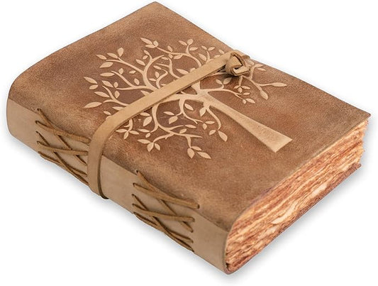 LEATHER VILLAGE Tree of Life Journal - 8 X 6 (A5) inches - Brown - 200 Antique Deckle Edge Handmade Paper – Book of Shadows - Vintage Leather Bound Journal for Women & Men