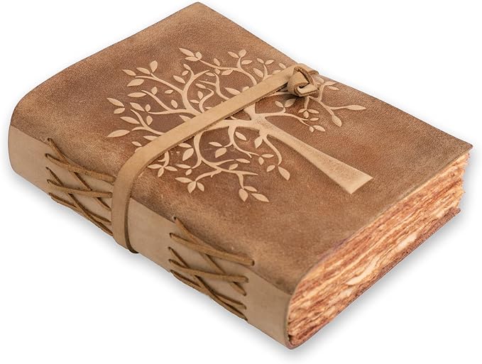 LEATHER VILLAGE Tree of Life Journal - 13 X 8 inches - Brown - 200 Antique Deckle Edge Handmade Paper – Book of Shadows - Vintage Leather Bound Journal for Women & Men