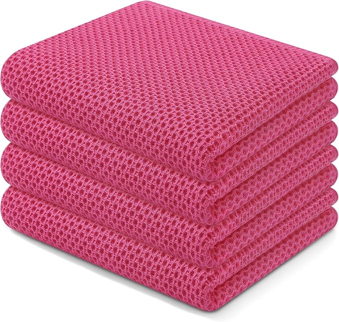 Homaxy 100% Cotton Waffle Weave Kitchen Dish Towels, Ultra Soft Absorbent Quick Drying Cleaning Towel, 13 x 28 Inches, 4-Pack, Hot Pink
