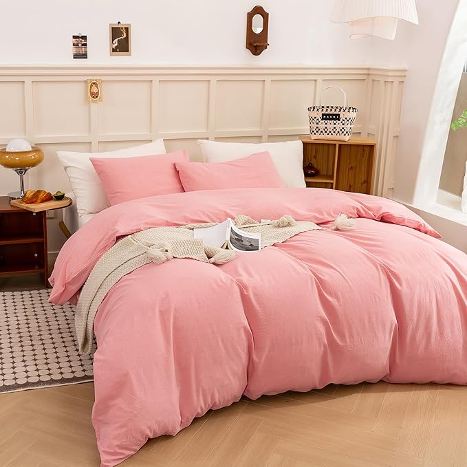 ECOCOTT Pink Duvet Cover King Size - Linen Feel Textured Organic Natural 100% Washed Cotton, Soft Breathable 3 Pieces Bedding Set with Zipper Closure