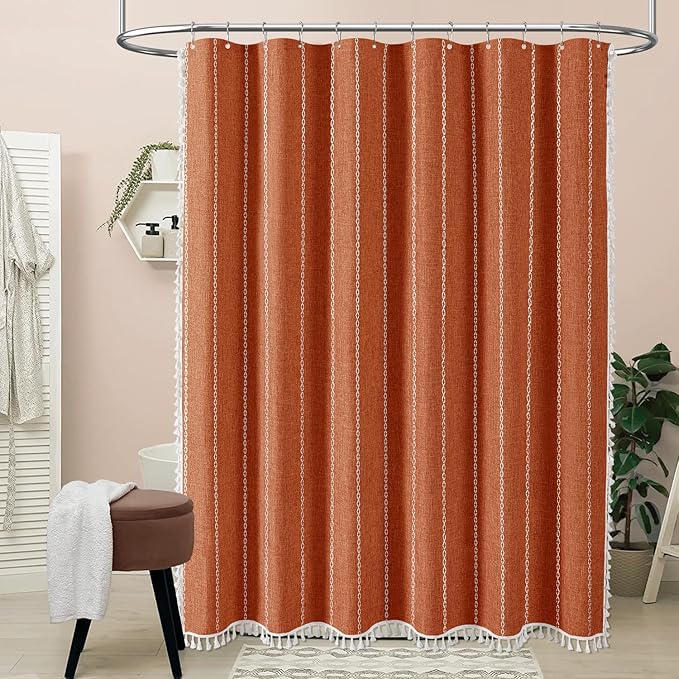 BTTN Stall Shower Curtain - 60x72 Narrow Boho Farmhouse Linen Vintage Striped Fabric Shower Curtain Set with 10 Hook, Bohemian Cottage Decorative Heavy Duty Shower Curtains for Bathroom - Burnt Orange