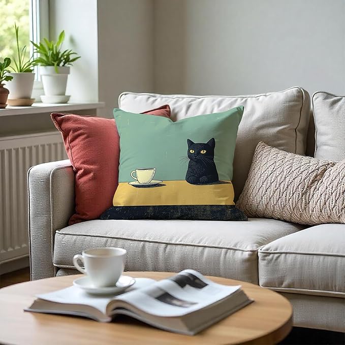 Black Cat Throw Pillow Covers 18x18, Vintage Black Cat Art Painting Decor Pillow Covers, Cats Lovers Mom Grandma Gifts, Aesthetic Cats Drinking Coffee Decor for Room Bedroom