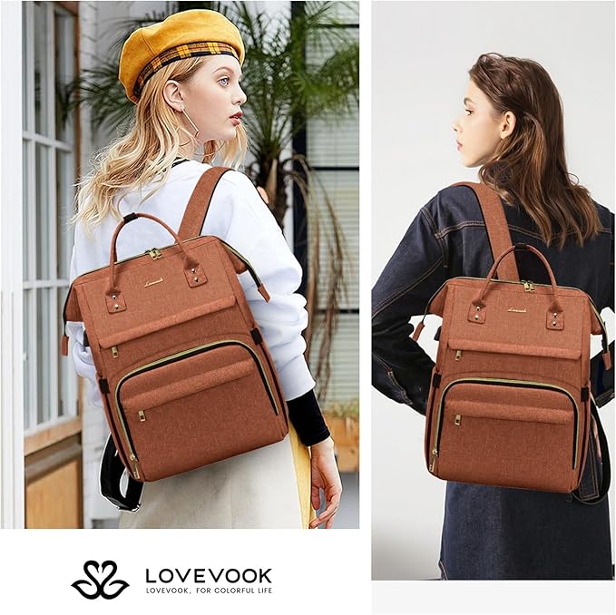 LOVEVOOK Laptop Backpack for Women,15.6 Inch Professional Womens Travel Backpack Purse Computer Laptop Bag Nurse Teacher Backpack,Waterproof College Work Bags Carry on Back Pack with USB Port,Orange