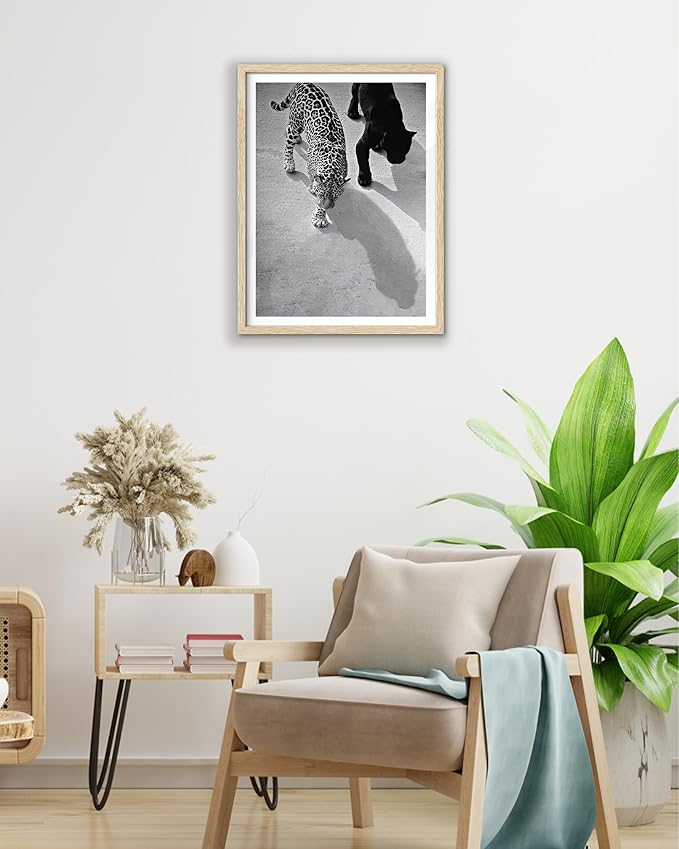 EcoHest Unframed Cheetah and Jaguar Walking Wall Art, 12x16 in OAK Wood Vintage Black and White Funny Bathroom Canvas Art, Fashion 1950s Poster Decor, Beige Logs Set of 1 for Bedroom Living Room