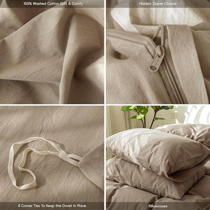 MooMee Bedding Duvet Cover Set 100% Washed Cotton Linen Like Textured Breathable Durable Soft Comfy (Solid Mocha Brown, Queen 90"x90")