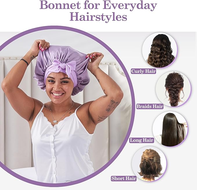 Silk Satin Bonnet Hair Wrap for Sleeping Women, Adjustable Tie Band Double Layer Sleep Night Head Cover for Curly Braid Fine