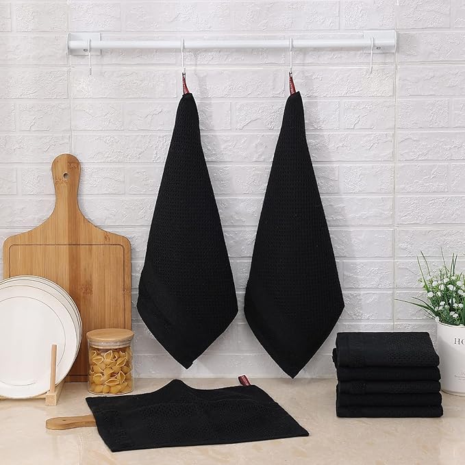 Homaxy 100% Cotton Dish Cloths, 12 Pack - 12 x 12 Inches, Waffle Weave Super Soft and Absorbent Dish Towels Quick Drying Dishcloths, Black