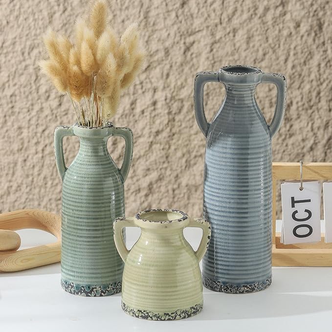 Ceramic Vase Set of 3 with Handles - Farmhouse Vase Set for Modern Decoration, Rustic Crackle Round Vases for Home Decor, Dining Table, Living Room, Kitchen, Office, Shelf - Multicolor
