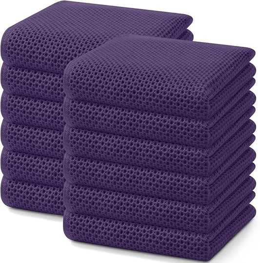 Homaxy 100% Cotton Waffle Weave Kitchen Dish Towels, Ultra Soft Absorbent Quick Drying Cleaning Towel, 13 x 28 Inches, 12-Pack, Eggplant