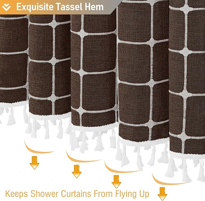 BTTN Boho Farmhouse Shower Curtain - Linen Rustic Heavy Duty Fabric Shower Curtain Set with Tassel, Water Repellent, Bohemian Vintage Country Thick Cloth Shower Curtains for Bathroom - Brown - 72x72
