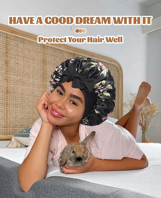 Satin Bonnet Silk Bonnet for Sleeping Silk Sleep Cap Double Layer Hair Bonnet with Elastic Tie Band for Curly Hair Night Cap (Black flower+Green)