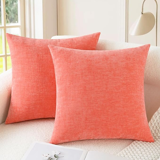 CaliTime Throw Pillow Covers Decorative 20 X 20 Inches Pack of 2 Cozy Chenille Cushion Cases for Couch Sofa Bed Living Room Home Living Coral