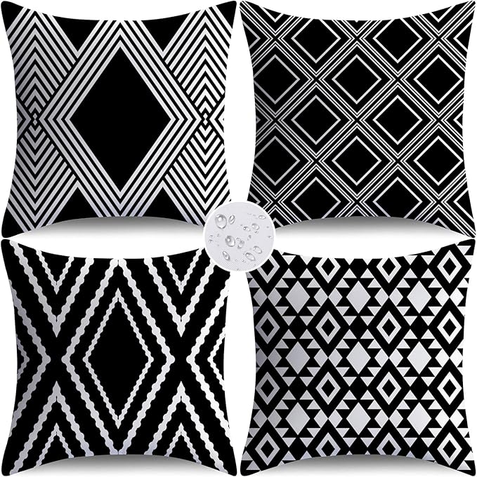 NIGHTWISH Outdoor Waterproof Pillow Covers 18x18 Set of 4 Black and White Decorative Outdoor Throw Pillows Boho Cushion Cases for Patio Furniture Bench Couch Sunbrella