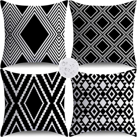 NIGHTWISH Outdoor Waterproof Pillow Covers 18x18 Set of 4 Black and White Decorative Outdoor Throw Pillows Boho Cushion Cases for Patio Furniture Bench Couch Sunbrella