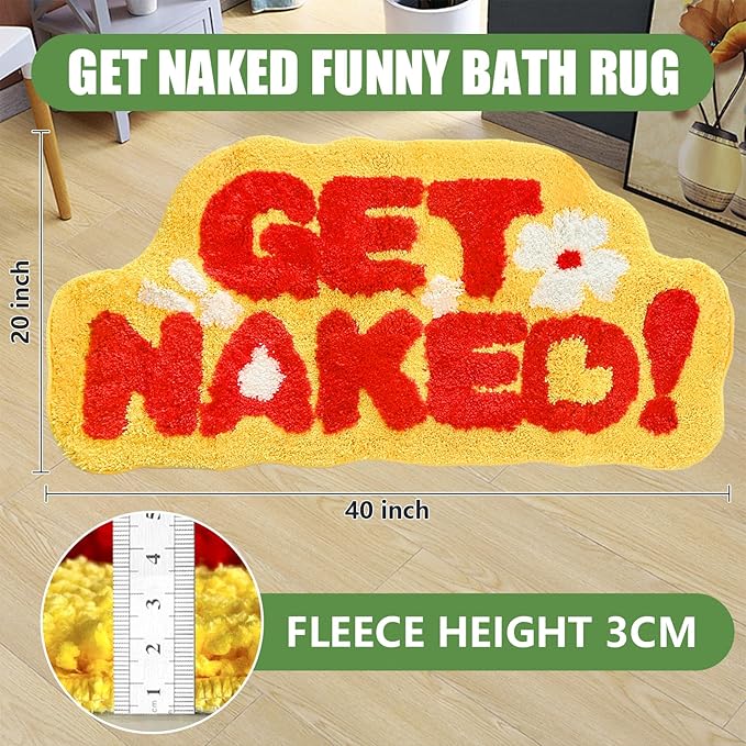 Get Naked Bath Rug, Fun Bathroom Rug,Yellow Bath Rugs Long Bath Mat Funny Bathroom Non Slip Microfiber Plush Cool Mat for Washable Absorbent Bathtub,Bedroom and Shower 20"x40"