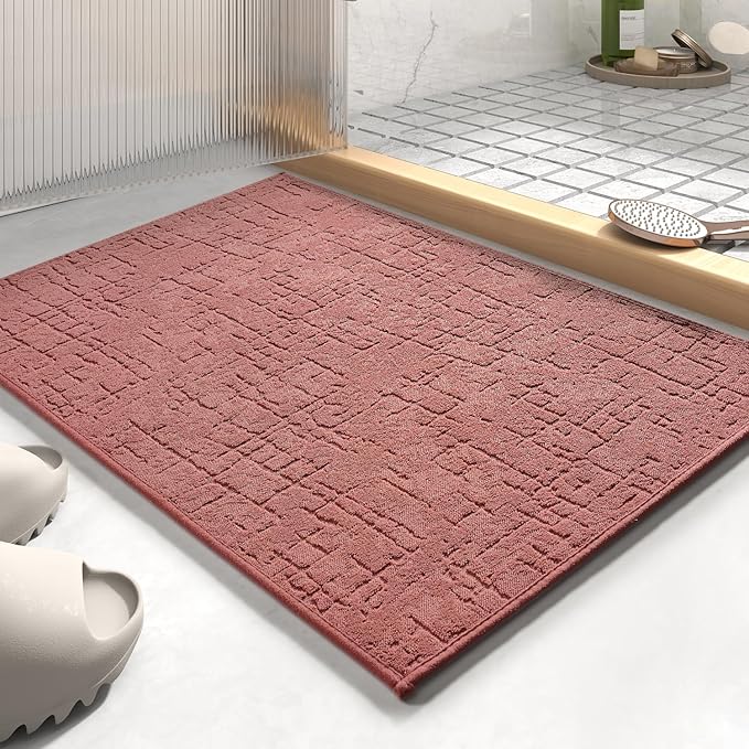 AMOAMI-Bath Mat-Absorbent Quick Dry Bathroom Floor Mats-Washable Rubber Backing Bath Mats for Bathroom Rugs Fit Under Door-Bath Rug for in Front of Sink Bathtub Shower Room, Rose 17''x24''