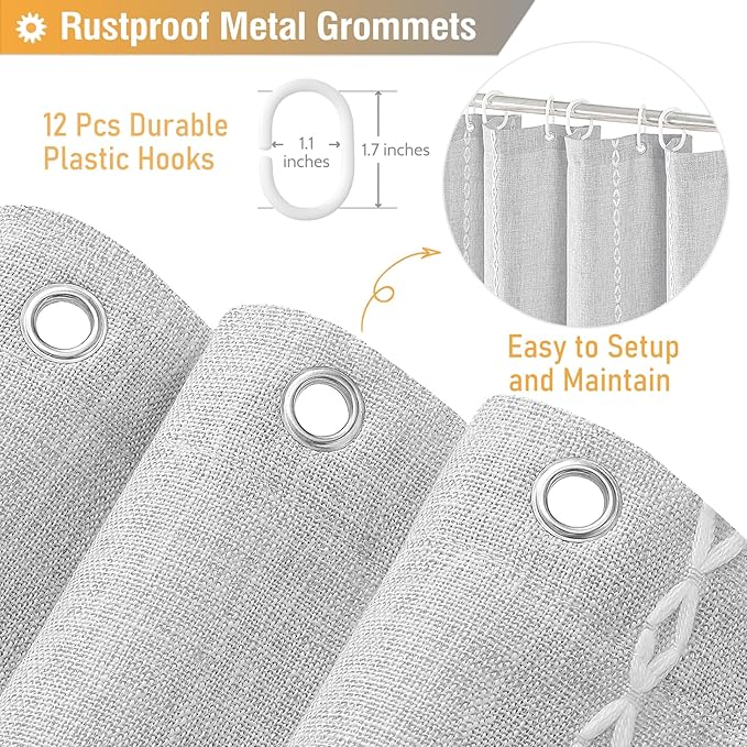 BTTN Gray Boho Farmhouse Shower Curtain, Linen Rustic Weighted Striped Fabric Shower Curtain Set with Tassel, Water Repellent, Bohemian Vintage Country Cloth Shower Curtain for Bathroom, Grey, 72x72