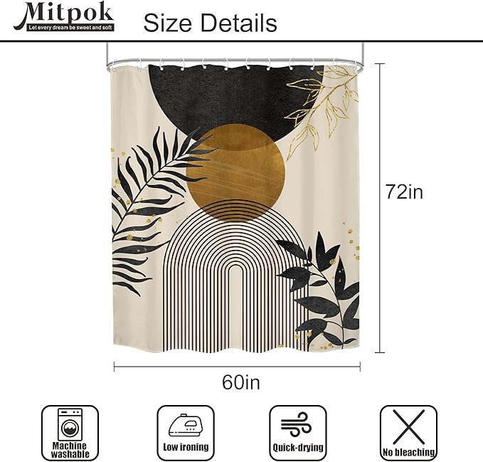 Black Boho Shower Curtain 60Wx72H Modern Bohemian Abstract Brown Tan Mid Century Gold Leaves Plant Botanical Arch Bathroom Decor Minimalist Geometric Bath Curtain Fabric Polyester 12 Pack Hooks