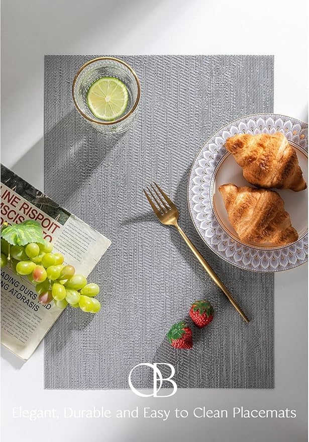 Placemats Set of 8 - Easy Clean Woven Vinyl Placemat for Dining Table, Indoor/Outdoor Place Mats, Washable PVC Table Mats（Gray）