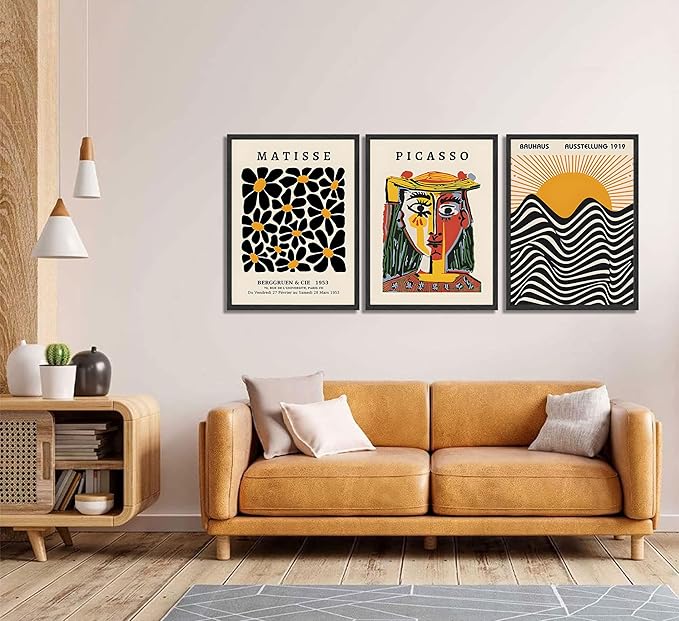 3 Pcs Gallery Wall Art Picasso Matisse Bauhaus Set Canvas Prints Abstract Paintings Posters Orange Black Modern Minimalist Wall Decor Pictures Suitable for Bedroom Living Room Decor (Unframed,