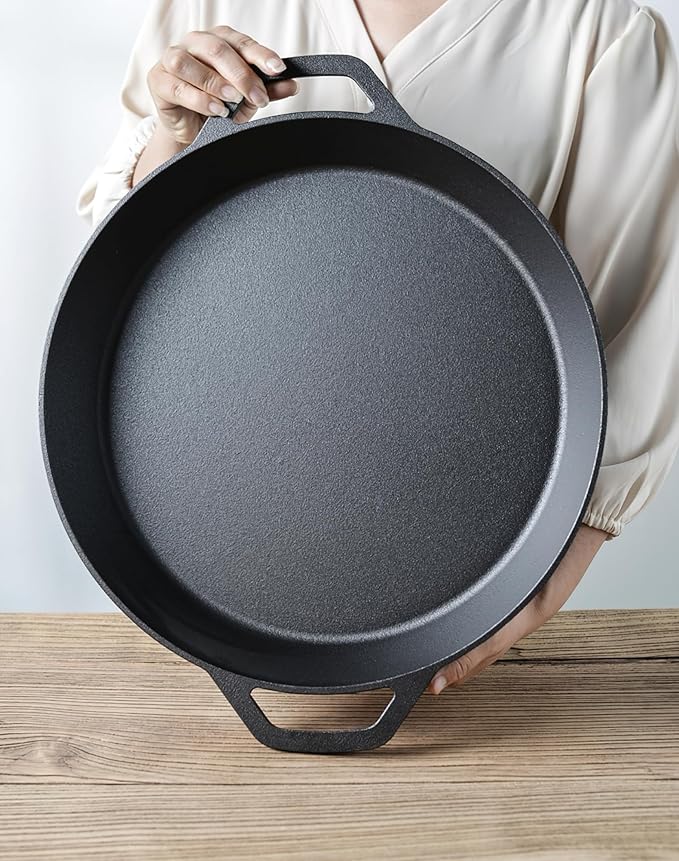 LI-GELISI 18-inch Pre-Seasoned Cast Iron Skillet - Dual Assist Handles - Nitrided Rust-Proof - For Oven, Stovetop, Grill & Campfire