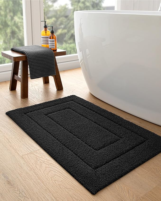 DEXI Bathroom Rug 32x20, Non Slip Washable Bath Mat for Shower Floor, Absorbent Soft Bathmat with Rubber Backing, Quick Dry Microfiber Carpet, Black