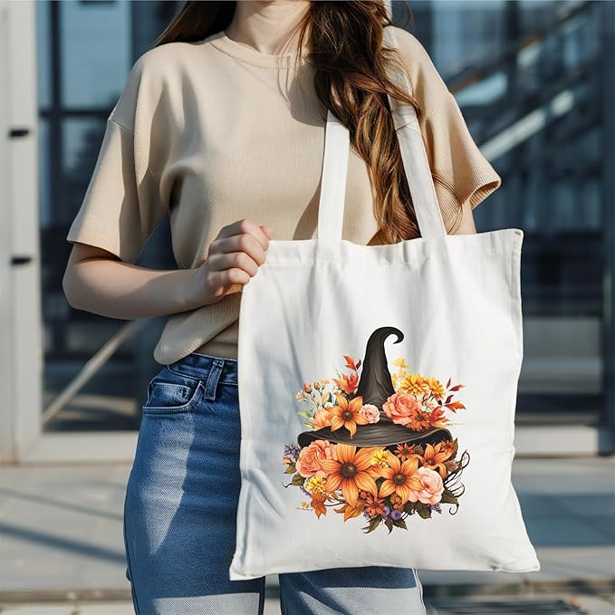 Halloween Tote Bag Retro Halloween Canvas Bag Witch Hat Cotton Canvas Tote Bag for Women Gift Holiday Reusable Grocery Bag Shoulder Bag