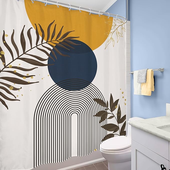 Navy Blue Yellow Boho Shower Curtain Modern Mid Century Abstract Gold Leaves Minimalist Vintage Plant Sun Bathroom Decor Geometric Arch 60Wx72H Bath Curtain Fabric Polyester 12 Pack Hooks