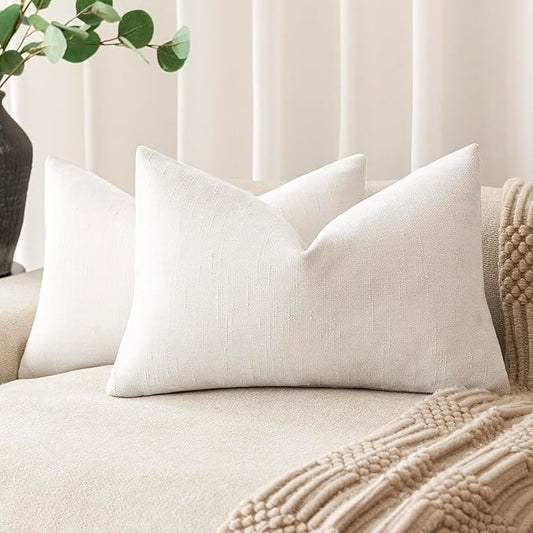 Foindtower Pack of 2 Soft Textured Throw Decorative Pillow Covers Lumbar Accent Solid Cushion Cover Cozy Neutral Farmhouse Pillow Case for Couch Sofa Bedroom Living Room 12x20 Inch, Ivory White