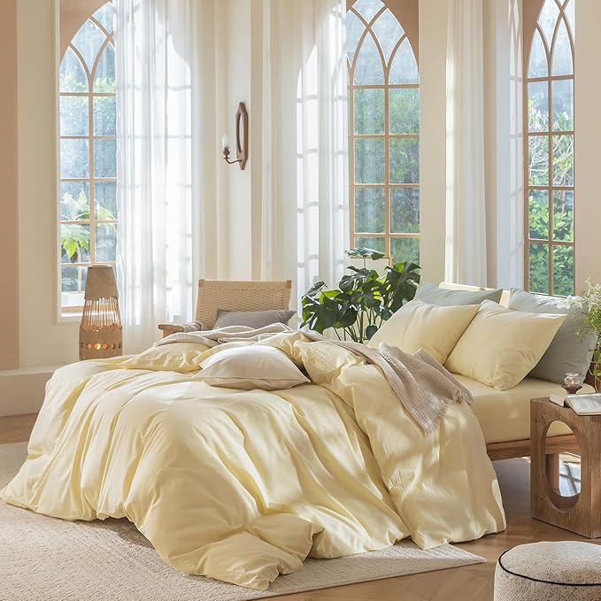 MooMee Bedding Duvet Cover Set 100% Washed Cotton Linen Like Textured Breathable Durable Soft Comfy (Heathered Butter Yellow, Full 80"x90")
