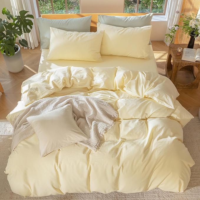 MooMee Bedding Duvet Cover Set 100% Washed Cotton Linen Like Textured Breathable Durable Soft Comfy (Heathered Butter Yellow, Super King 108"x98")
