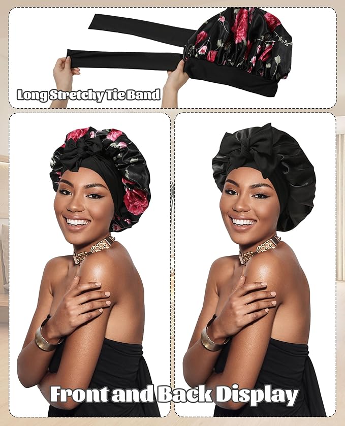 Satin Bonnet Silk Bonnet for Sleeping Silk Sleep Cap Double Layer Hair Bonnet with Elastic Tie Band for Curly Hair Night Cap (Black Flower + Black)