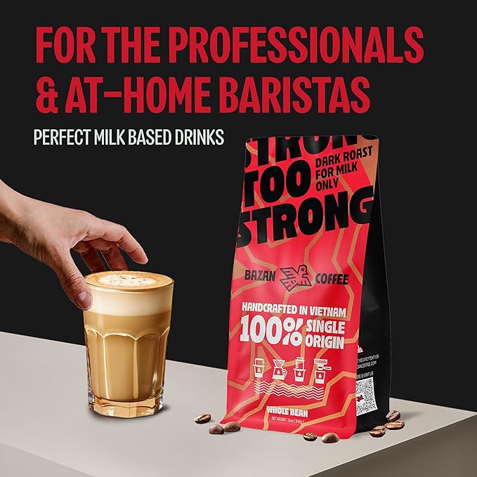BAZAN COFFEE Too Strong, Vietnamese Robusta Whole Bean Coffee, Dark Roast, High Caffeine, Bold Espresso Flavor, Low Acidity, Perfect with Milk, 12oz Bag (12 Ounce (Pack of 1), Whole Bean)